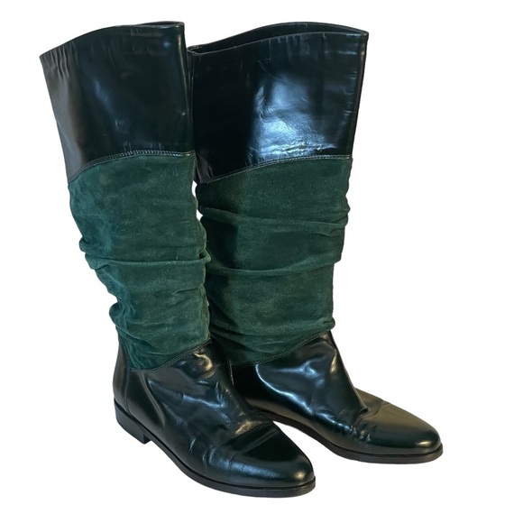 Bellesco Made In Italy Green Leather & Suede Scrunch Pull On Riding Boot  Sz 6.5 - Picture 1 of 13